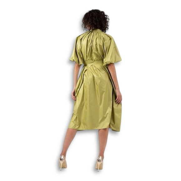 Wolf & Badger Bluzat Olive Green Crepe Midi Dress w/ Raglan Puff Sleeves NWT - Picture 15 of 15